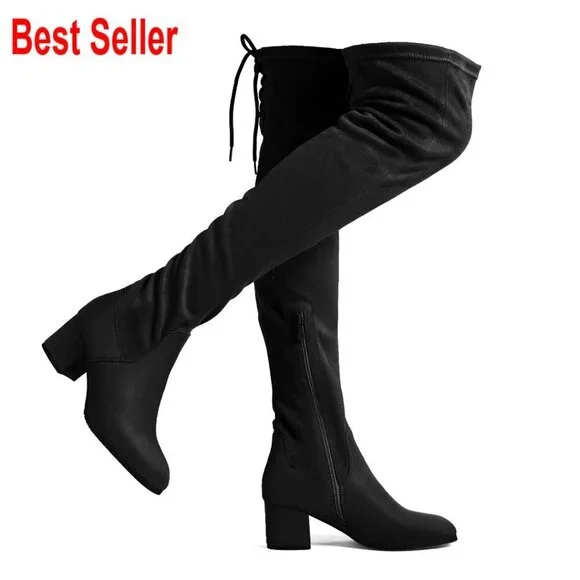 Suede Over The Knee Boots Chunky Heel Stretch Thigh High Boots