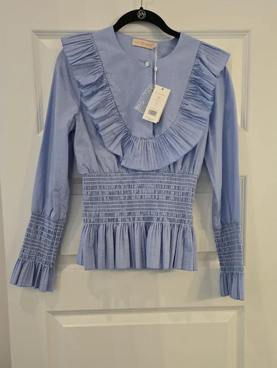 Tory Burch Light Blue Ruffled Smocked Cotton Blouse