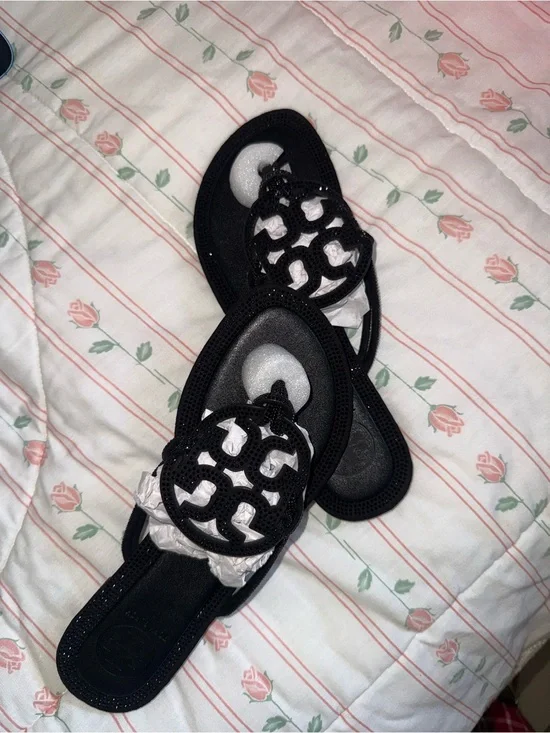Tory Burch Black Cutout Logo Slip-On Mules