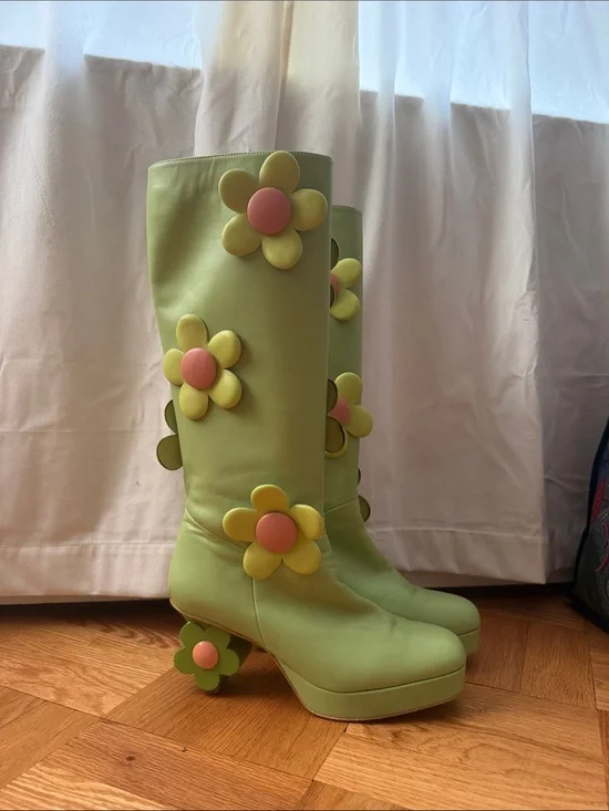 L’Atelier De Charlotte Green Flower Appliqué Platform Knee-High Boots