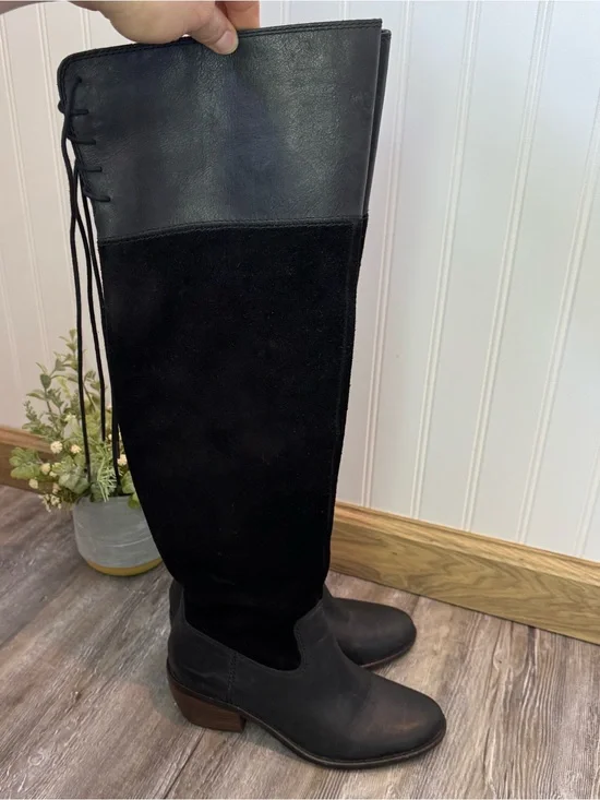Lucky Brand Komah Black Suede and Leather Upper Knee High Boots Lace Womens 5.5