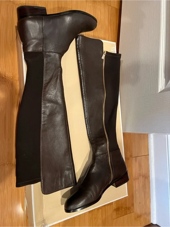 Michael Kors Dark Brown Leather Over-the-Knee Boots with Gold Zip