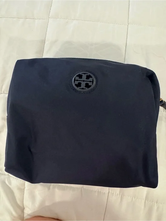 Tory Burch Navy Blue Nylon Toiletry Pouch with Logo