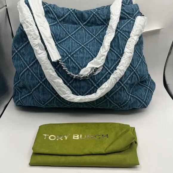Tory Burch Fleming Blue Denim Large Hobo Tote Handbag Women’s Cotton Purse NWT
