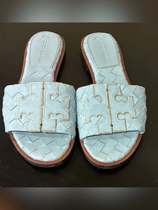 Tory Burch Sandals Slides double T Woven Leather Footbed Blue Gold Sz 6 NWOB