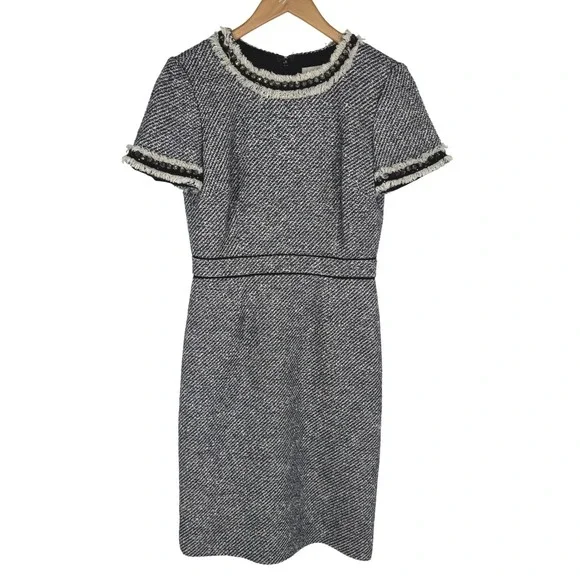 Tory Burch Rosemary Metallic Tweed‎ Dress 4 Jewels Fringe Navy White Old Money