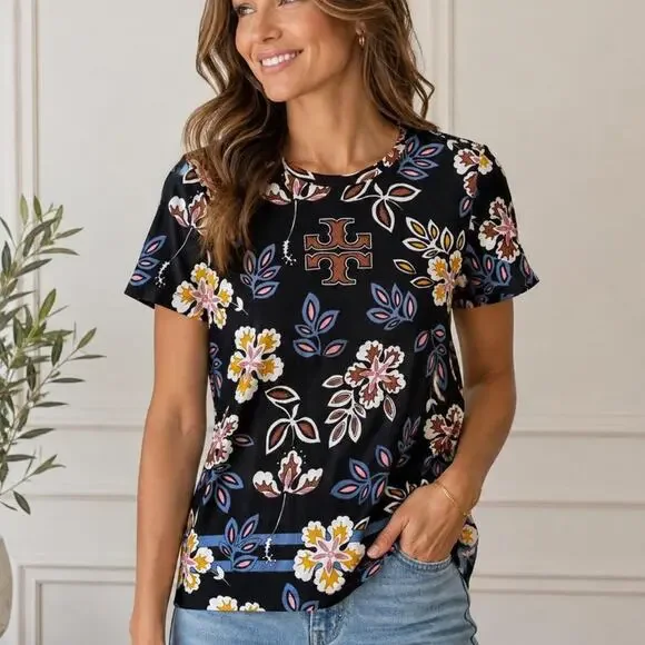 Tory Burch size large floral print cotton top size L