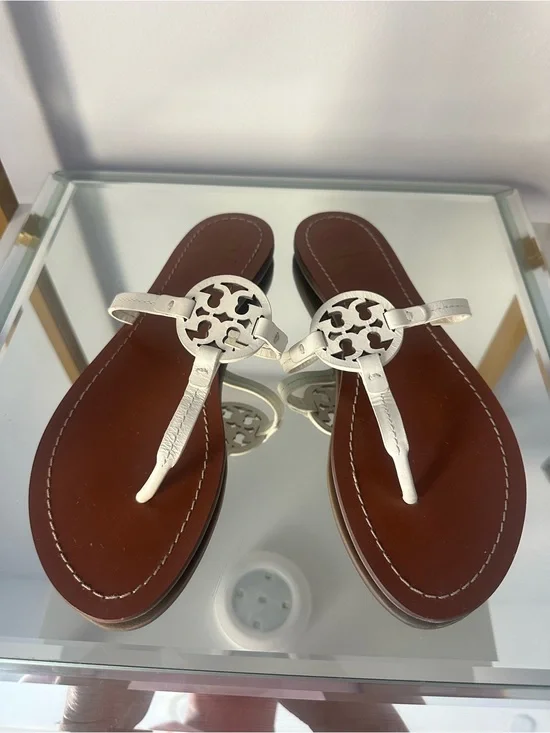 Tory Burch White Logo Thong Sandals with Brown Footbed Sz 9