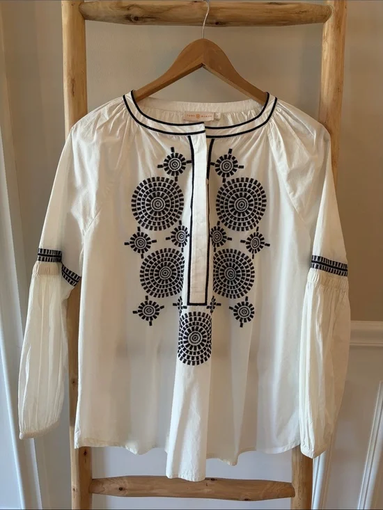 Tory Burch White Cotton Tunic with Navy Geometric Embroidery
