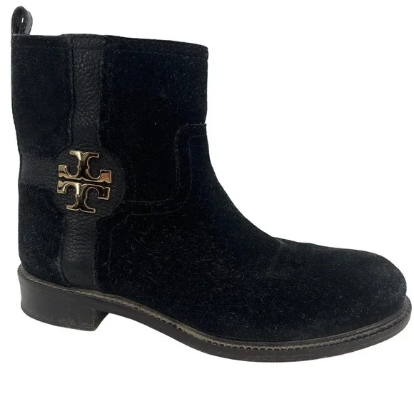Tory Burch Alaina Ankle Boots Womens 7M Black Suede Gold Logo Side Zip Low Heel‎