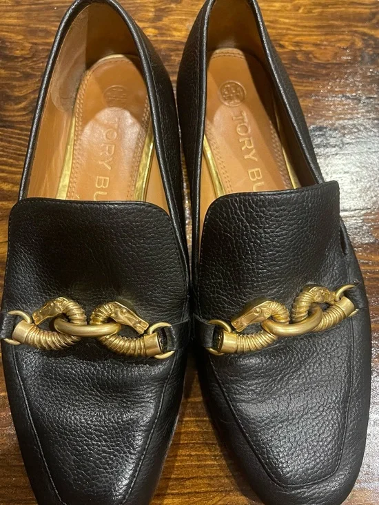Tory Burch Black Pebbled Leather Loafers with Gold Horsebit Detail