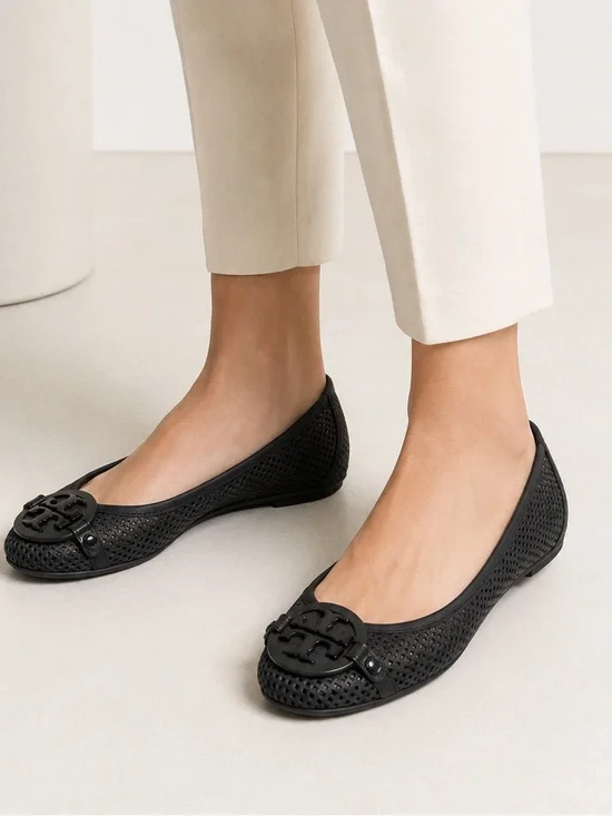 Tory Burch Black Perforated Logo Leather Ballet Flats Size 6