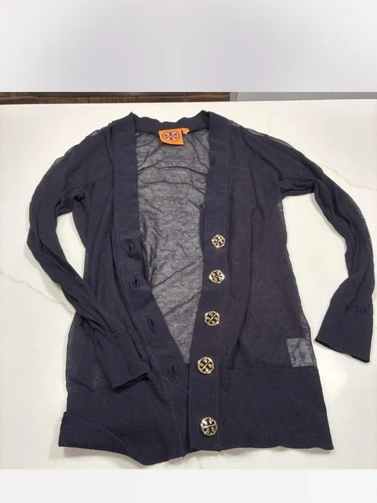 Tory Burch Navy Long Open-Front Cardigan with Logo Buttons