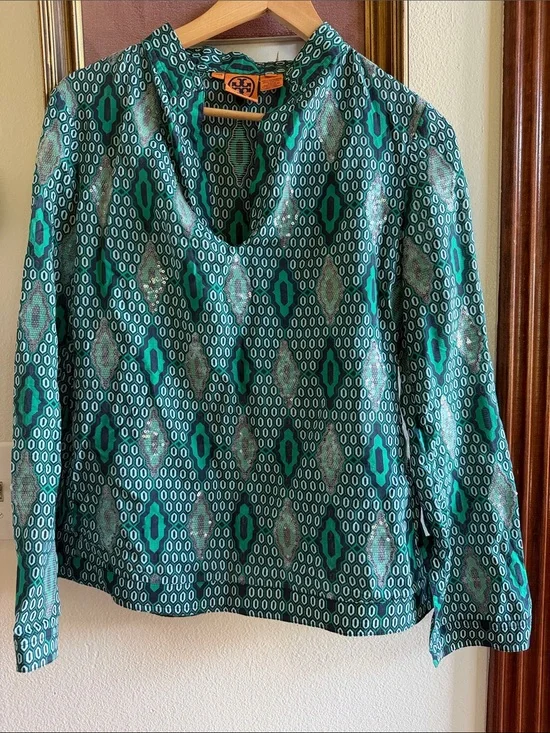 Tory Burch Geometric Notched Neckline Cotton Embellished Blouse
