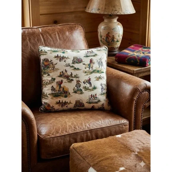 Vintage Cowboy Western Rodeo Throw‎ Pillow 18x18 Khaki Button Accent Decorative
