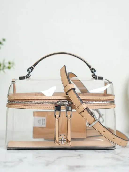 Tory Burch Rory Clear Vanity Bag Crossbody in Brushed Almond NWT