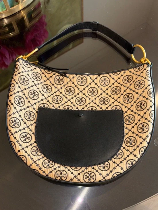 Tory Burch Raffia Woven Logo Half Moon Purse Shoulder Bag