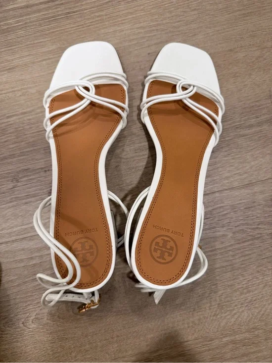 New Tory Burch White Strappy Square-Toe Lace-Up Sandals