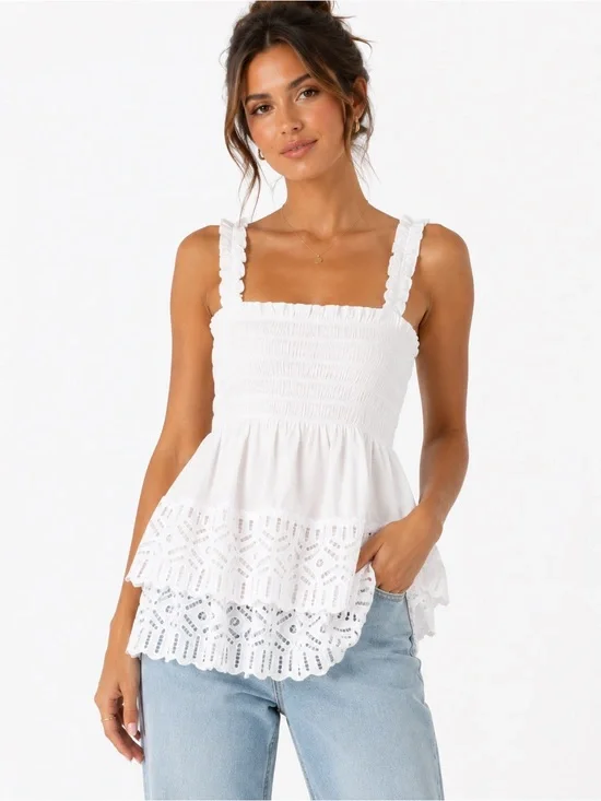 Tory Burch White Eyelet Lace Smocked Peplum Top Size 2 NWT