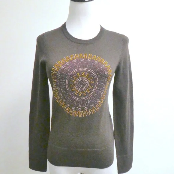 TORY BURCH SWAROVSKI CRYSTAL SUNBURST brown gold purple crewneck wool SWEATER XS