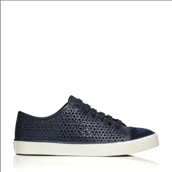 Tory Burch Navy Floral Perforated Leather/Suede Sneakers