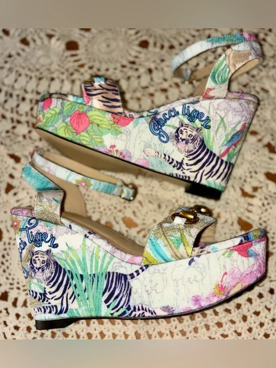 Gucci Floral Tiger Print Platform Wedges with Horsebit Detail