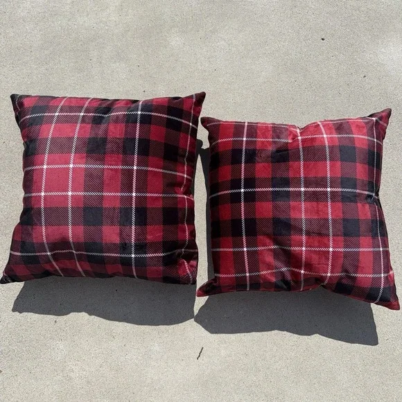 Set of 2 Plaid Throw Pillows 16x16 Red Black White Rustic Cabin Decor Accent