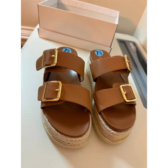 Madden Girl Platform Sandals Women 7.5 Cognac Espadrille Double Buckle Slides