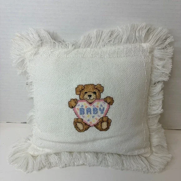 Vintage Handmade Needlepoint Teddy Bear Baby Nursery Throw Pillow Fringe Cream