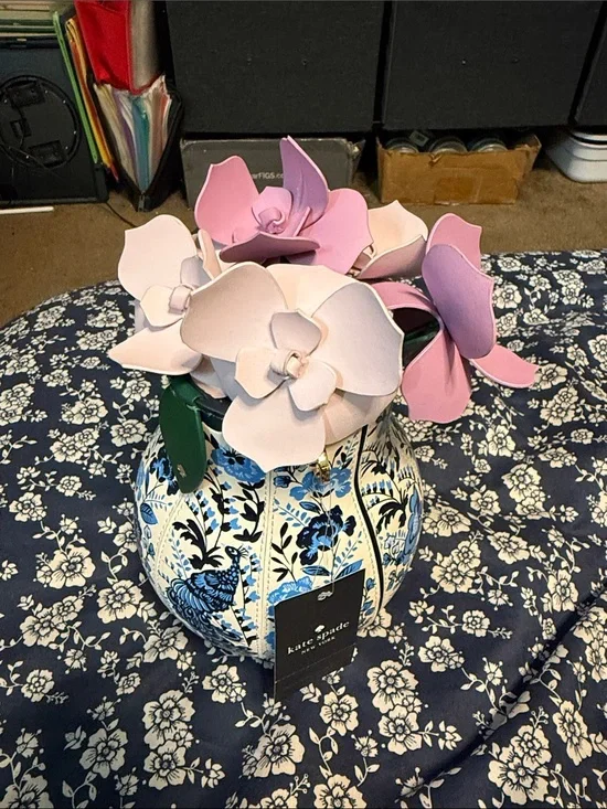 kate spade Blue & White Floral Ceramic Vase with Pink Paper Flowers