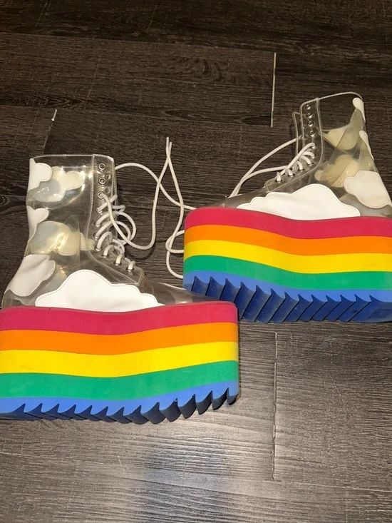 Current Mood Platform Lace-Up Boots - Clear Cloud Design with Rainbow Platform