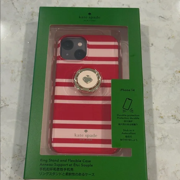 Kate Spade Red and‎ White Striped iPhone 14 Case with Ring Stand