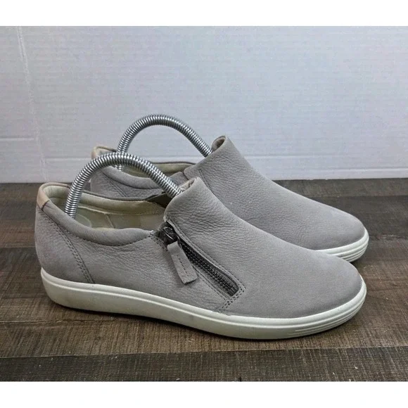 ECCO Soft 7 Slip On With Zipper Sneaker Warm Grey Leather Women's US 7-7.5