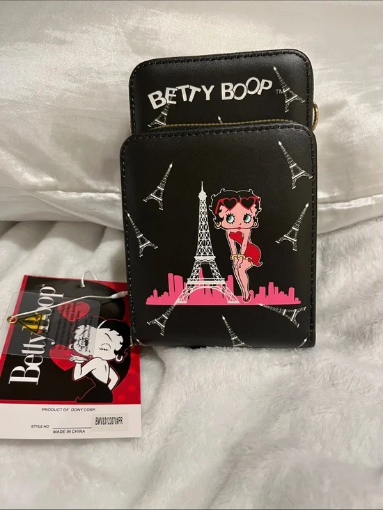 Betty Boop Black Phone Wallet Case with Pink Eiffel Tower Graphic