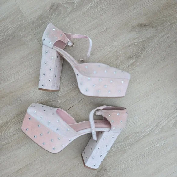 Jeffrey Campbell Free People Pink Velvet Star Studded Platform Heels Size 8.5