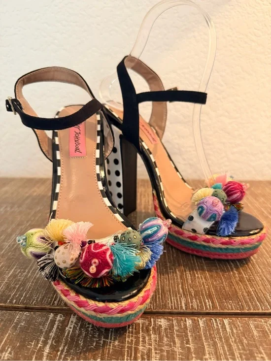 Betsey Johnson Multicolor Polka Dot Pom Pom Platform Espadrille Sandals Sz 6.5
