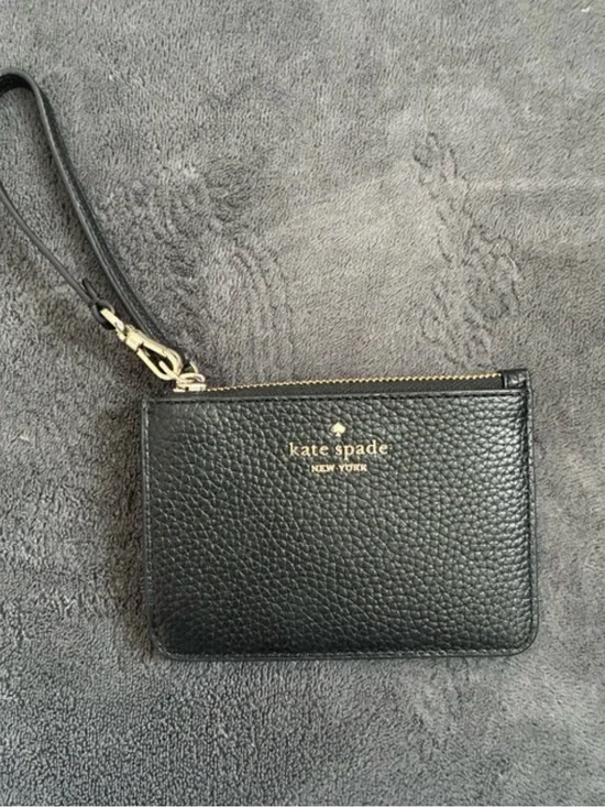 Kate Spade Black Pebbled Leather Wristlet Card Holder with Gold Logo