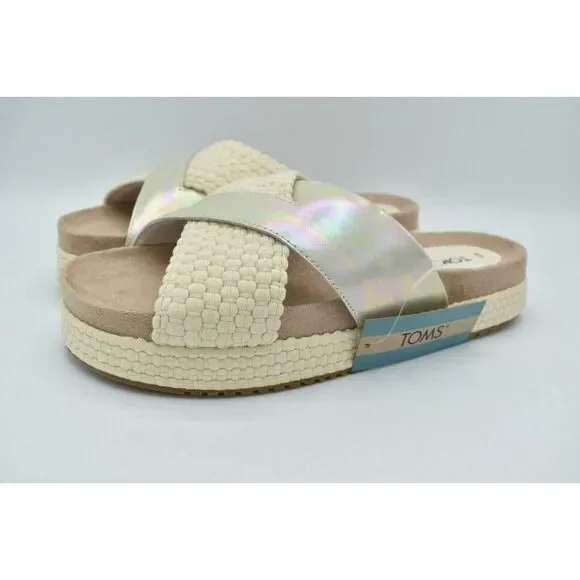 Toms Womens Size 9 Silver Iridescent Leather Woven Trim Paloma Platform Slide‎