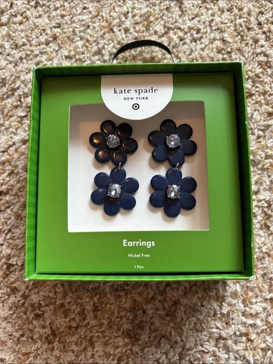 kate spade navy double flower drop earrings with crystal centers