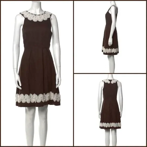 Kate Spade Brown Linen Embroidered Floral Appliqué A Line Dress Women’s Size 4