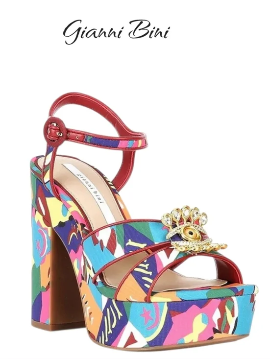 Gianni Bini Beaux Printed Whimsical Mismatch Ornament Platform Sandals 7.5