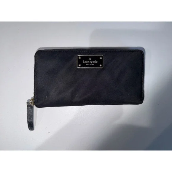 Kate Spade Black Nylon Zip Around Wallet Handbag Purse - Leather Zipper Pull‎ P