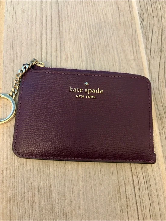 kate spade Plum Leather Zip Card Case with Gold Keyring