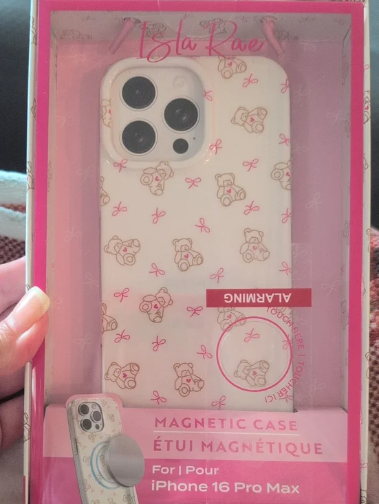 Magnetic Phone Case for iPhone 16 Pro Max — White with Pink & Tan Bear Print
