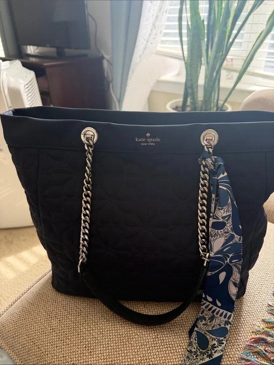 kate spade Black Quilted Tote with Chain Handles and Navy Scarf Accent