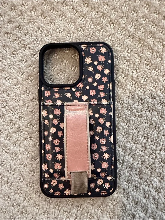 Women's Black Floral Phone Case with Pink Pull Strap - Wallis