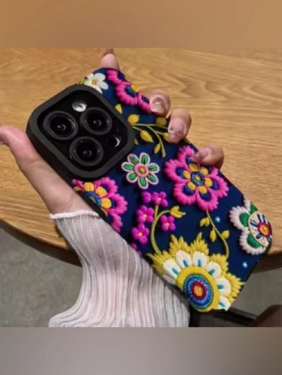 Floral Embroidered Print Navy iPhone 13 Case