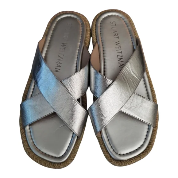 Stuart Weitzman‎ Roza Lift Slide Sandals in Silver 7.8 (Fits As 8.5)