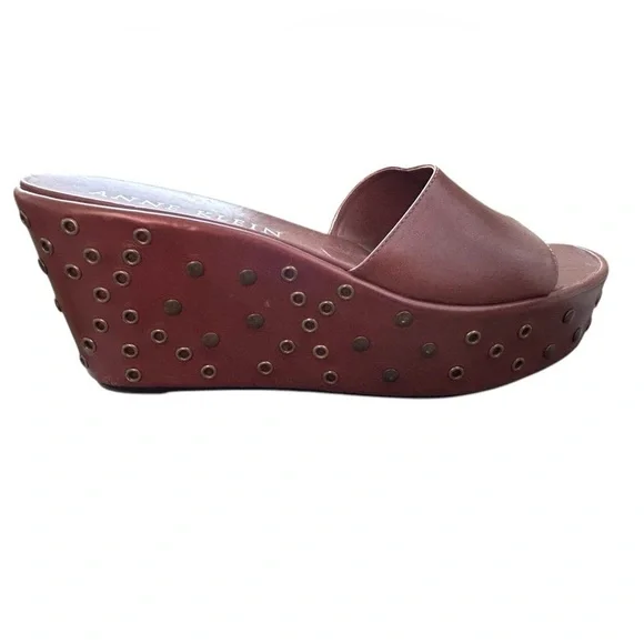 Anne Klein Leather Wedge Platforem Sandals w/ Metal‎ Studs & Rings Sz 10