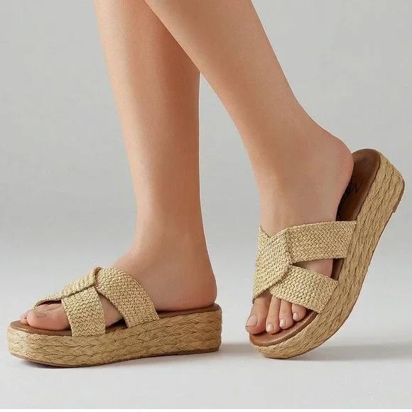 Zodiac Izzy Platform Slide Sandals Womens 5.5 Natural Woven Espadrille Boho Chic